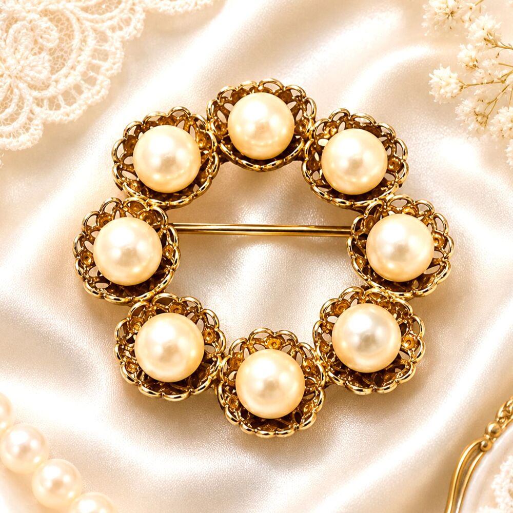 Vintage Gold Tone Filigree Faux Pearl Circle Pin Brooch